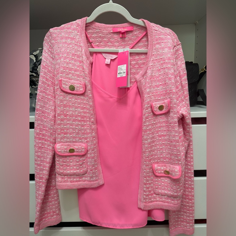 NWT Lilly Pulitzer Pink Tweed Cardigan & Tank Medium